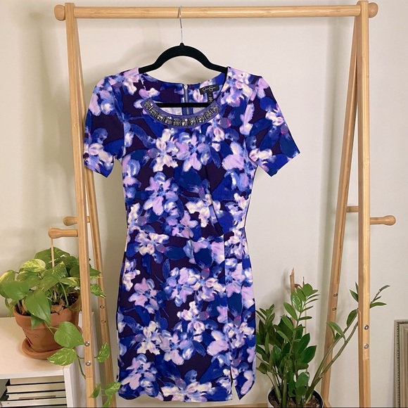 Jessica Simpson Dark Blue Purple Watercolor Floral Cocktail Dress Sleeves Size S
